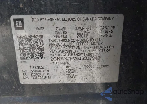 2018 Chevrolet Equinox Lt z USA, uszkodzony, nr VIN 2GNAXJEV6J6317940